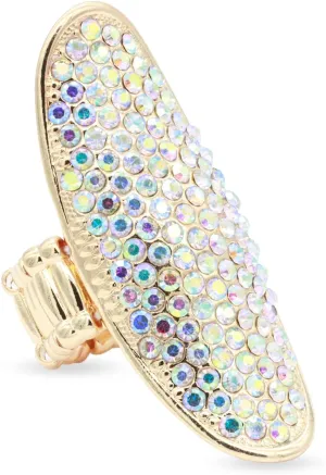 Lavencious Gold Plated with AB Stone Long Shield Stretch Statement Cocktail Ring for Women fit for Size 9 to 12