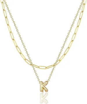 Layered Bubble Initial Necklaces Letter for Women 14K Gold Plated A-Z Necklace Small Dainty Cute Name Choker Necklaces Trendy Gold Personalized Jewelry Gift for Women