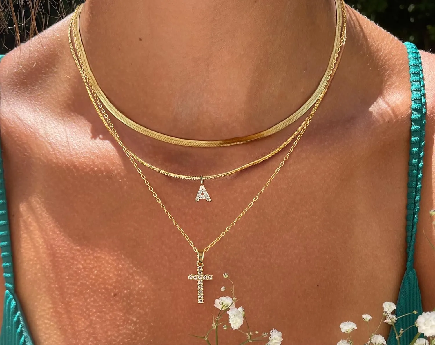 Layered Gold Necklaces for WomenStackable 14K Gold Plated Tiny Initial Necklaces Simple CZ Cross necklace Dainty Layered Necklace Different Length Pendant Necklace Gold Jewelry Set for Women
