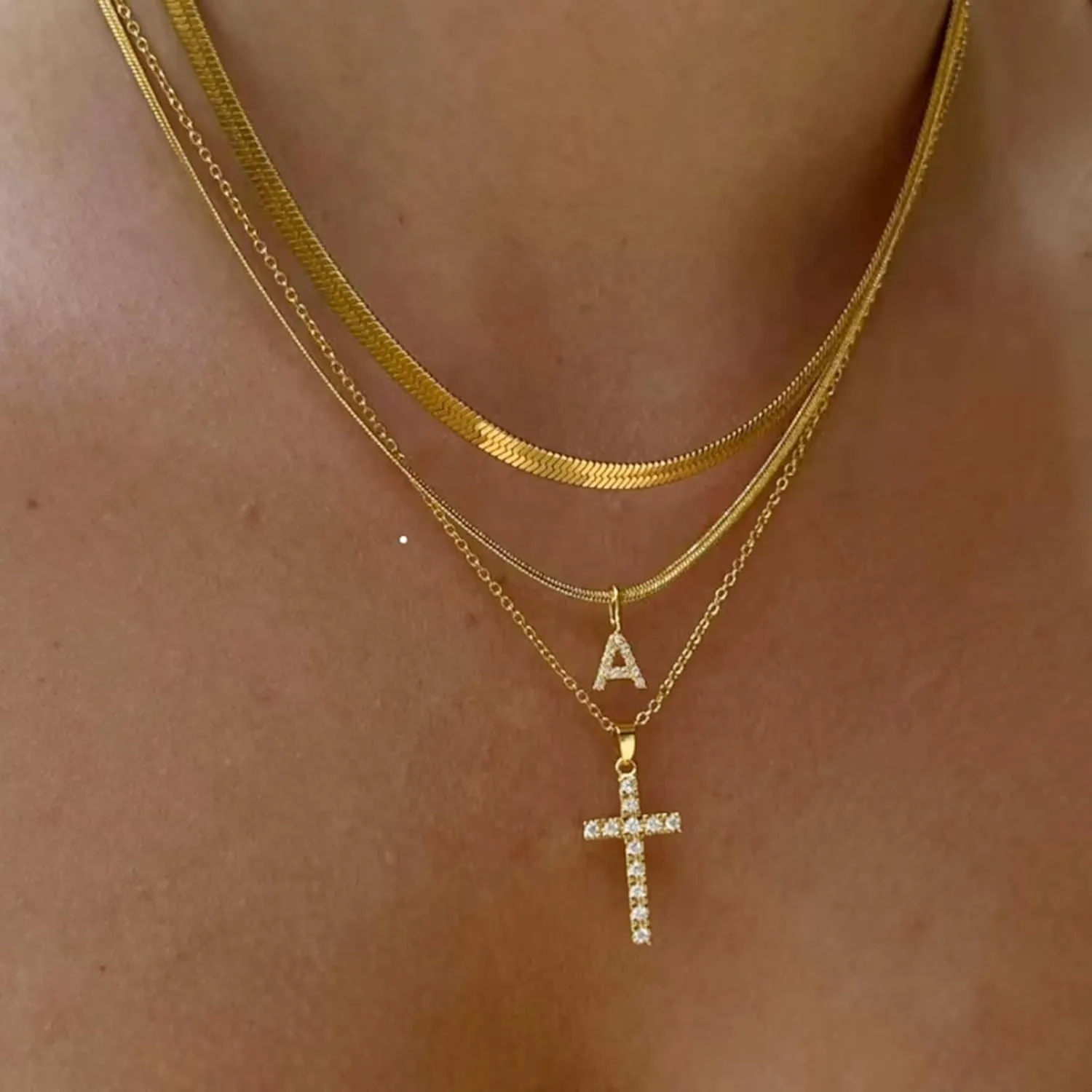 Layered Gold Necklaces for WomenStackable 14K Gold Plated Tiny Initial Necklaces Simple CZ Cross necklace Dainty Layered Necklace Different Length Pendant Necklace Gold Jewelry Set for Women