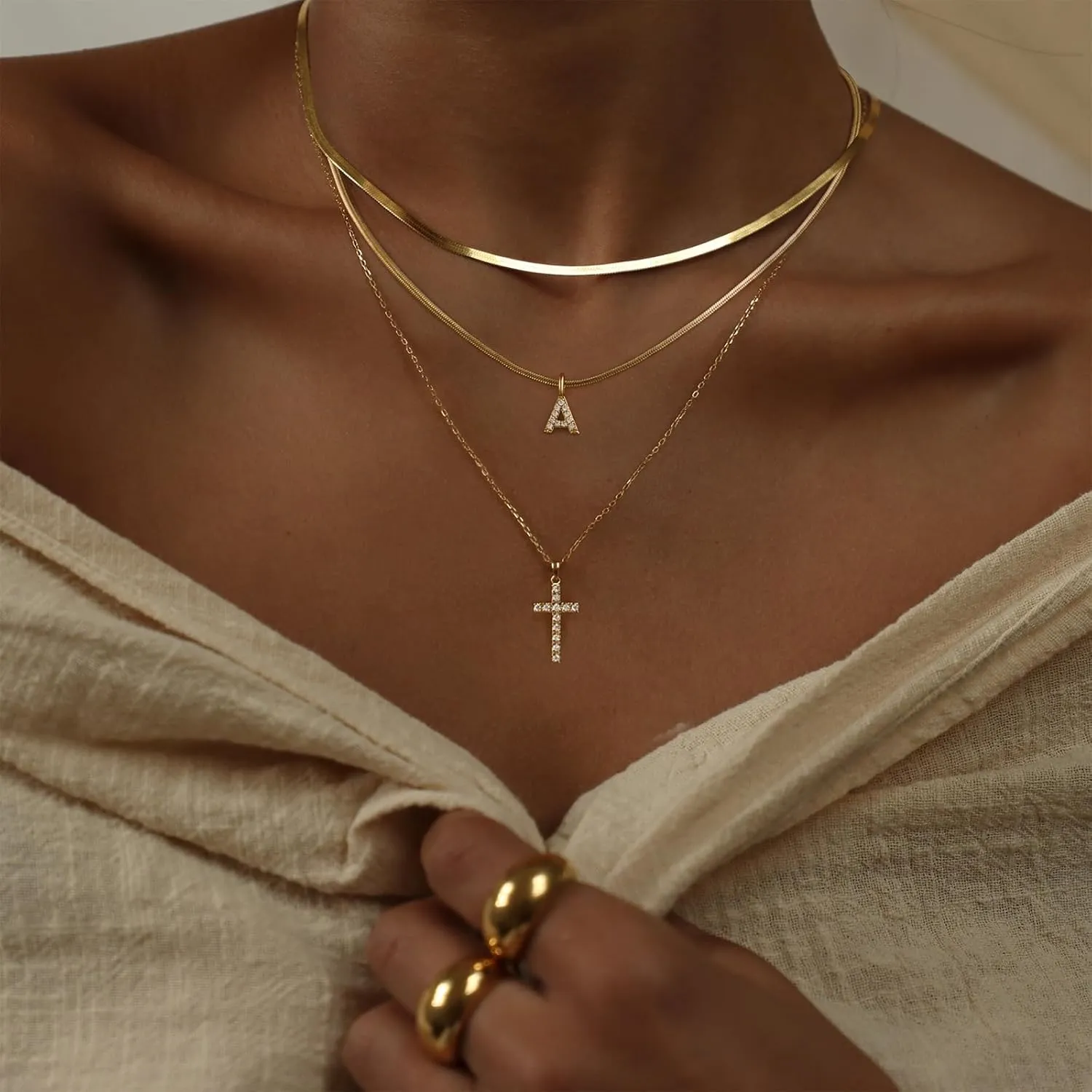 Layered Gold Necklaces for WomenStackable 14K Gold Plated Tiny Initial Necklaces Simple CZ Cross necklace Dainty Layered Necklace Different Length Pendant Necklace Gold Jewelry Set for Women