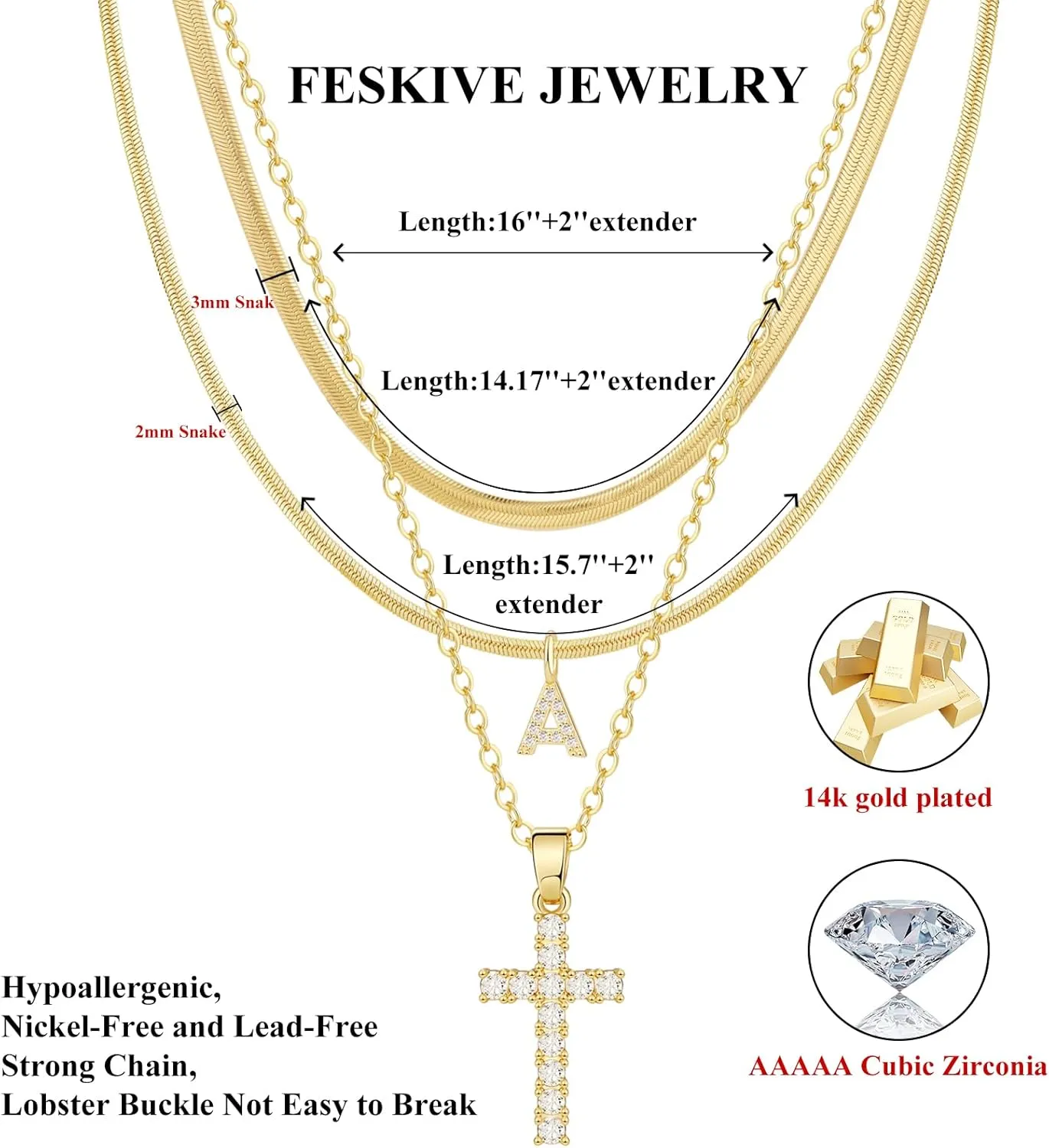 Layered Gold Necklaces for WomenStackable 14K Gold Plated Tiny Initial Necklaces Simple CZ Cross necklace Dainty Layered Necklace Different Length Pendant Necklace Gold Jewelry Set for Women