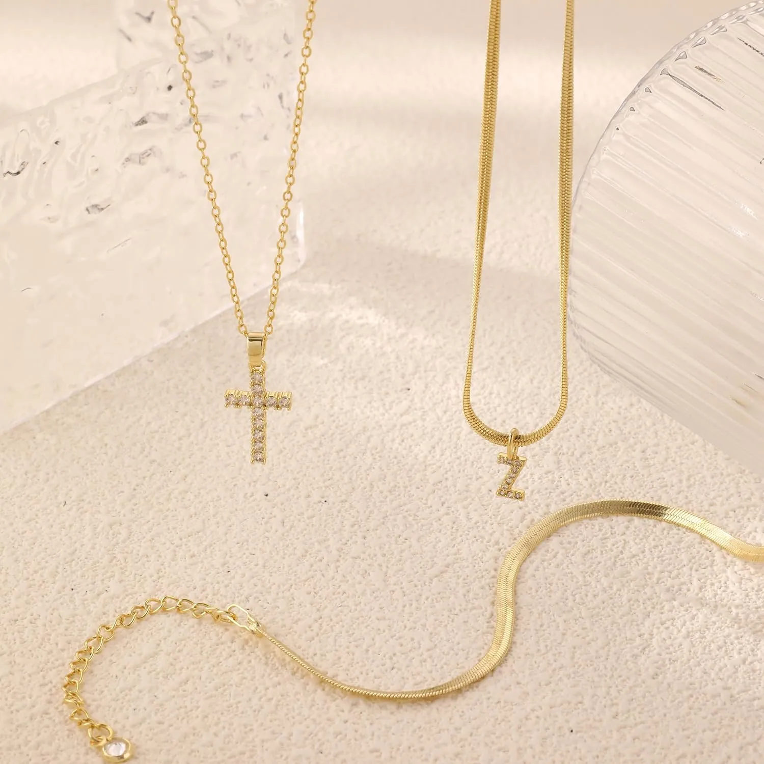 Layered Gold Necklaces for WomenStackable 14K Gold Plated Tiny Initial Necklaces Simple CZ Cross necklace Dainty Layered Necklace Different Length Pendant Necklace Gold Jewelry Set for Women