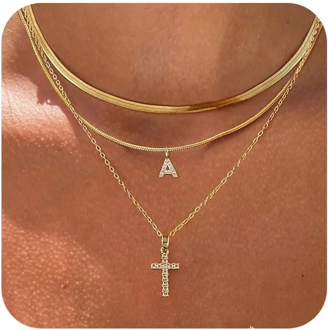 Layered Gold Necklaces for WomenStackable 14K Gold Plated Tiny Initial Necklaces Simple CZ Cross necklace Dainty Layered Necklace Different Length Pendant Necklace Gold Jewelry Set for Women