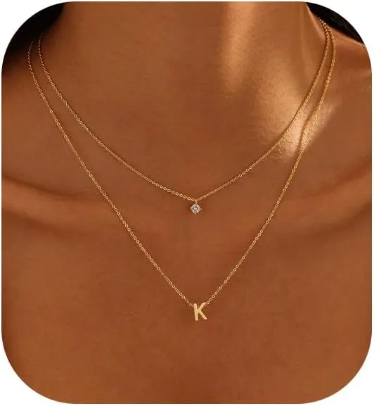 Layered Initial Necklaces for Women, 14k Gold Plated Cute Letter Necklace Dainty Gold Initial Necklace Stack Personalized Name Choker Charm Gold Necklaces for Women Trendy Fashion Jewelry