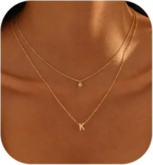 Layered Initial Necklaces for Women, 14k Gold Plated Cute Letter Necklace Dainty Gold Initial Necklace Stack Personalized Name Choker Charm Gold Necklaces for Women Trendy Fashion Jewelry