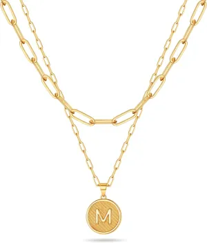 Layered Initial Necklaces for Women, 14K Gold Plated Paperclip Chain Necklace Round Gold Necklace Letter Pendant Layering Initial Necklaces for Women Gold Jewelry for Women Gifts