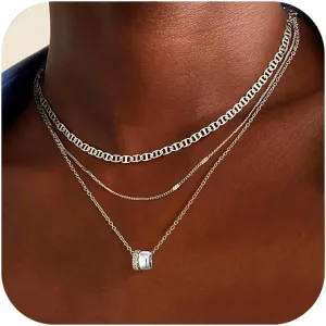 Layered Necklaces for Women - 14K Gold Plated Necklace, Dainty 3Pcs Layered Stacked Necklace, Circle Chain Necklaces, Non Tarnish Waterproof Jewelry, Birthday Gifts Mothers Day Gift