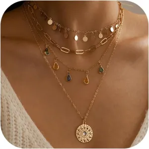 Layered Round Pendant Necklace Gold Plated Dainty Multilayer Choker Layering for Women Necklaces Stylish Minimalist Pendants Simple Chain Stacked Necklace Jewelry Gifts