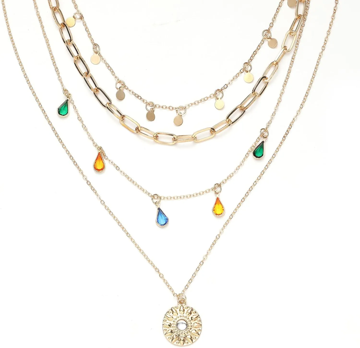 Layered Round Pendant Necklace Gold Plated Dainty Multilayer Choker Layering for Women Necklaces Stylish Minimalist Pendants Simple Chain Stacked Necklace Jewelry Gifts