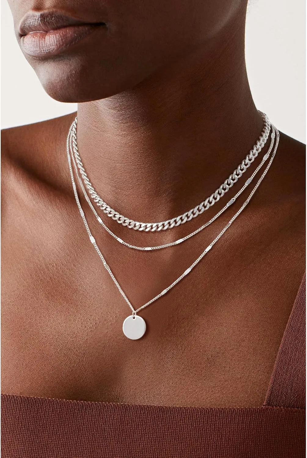 Layered Silver Necklaces for Women, Sterling Silver Stackable Stack Choker Necklaces Trendy Real Gold Plated Layering Disc Circle Pendant Chain Dainty Necklace Set Jewelry for Women