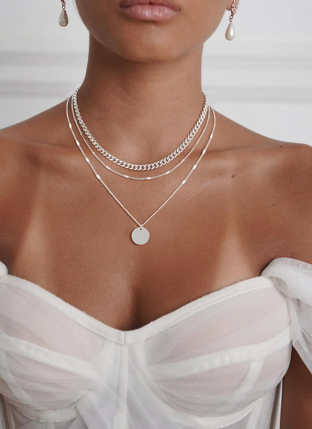Layered Silver Necklaces for Women, Sterling Silver Stackable Stack Choker Necklaces Trendy Real Gold Plated Layering Disc Circle Pendant Chain Dainty Necklace Set Jewelry for Women