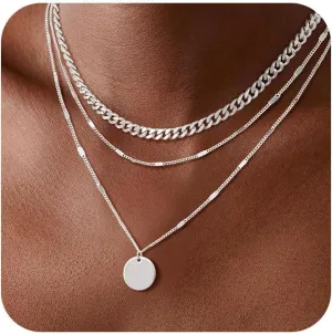 Layered Silver Necklaces for Women, Sterling Silver Stackable Stack Choker Necklaces Trendy Real Gold Plated Layering Disc Circle Pendant Chain Dainty Necklace Set Jewelry for Women