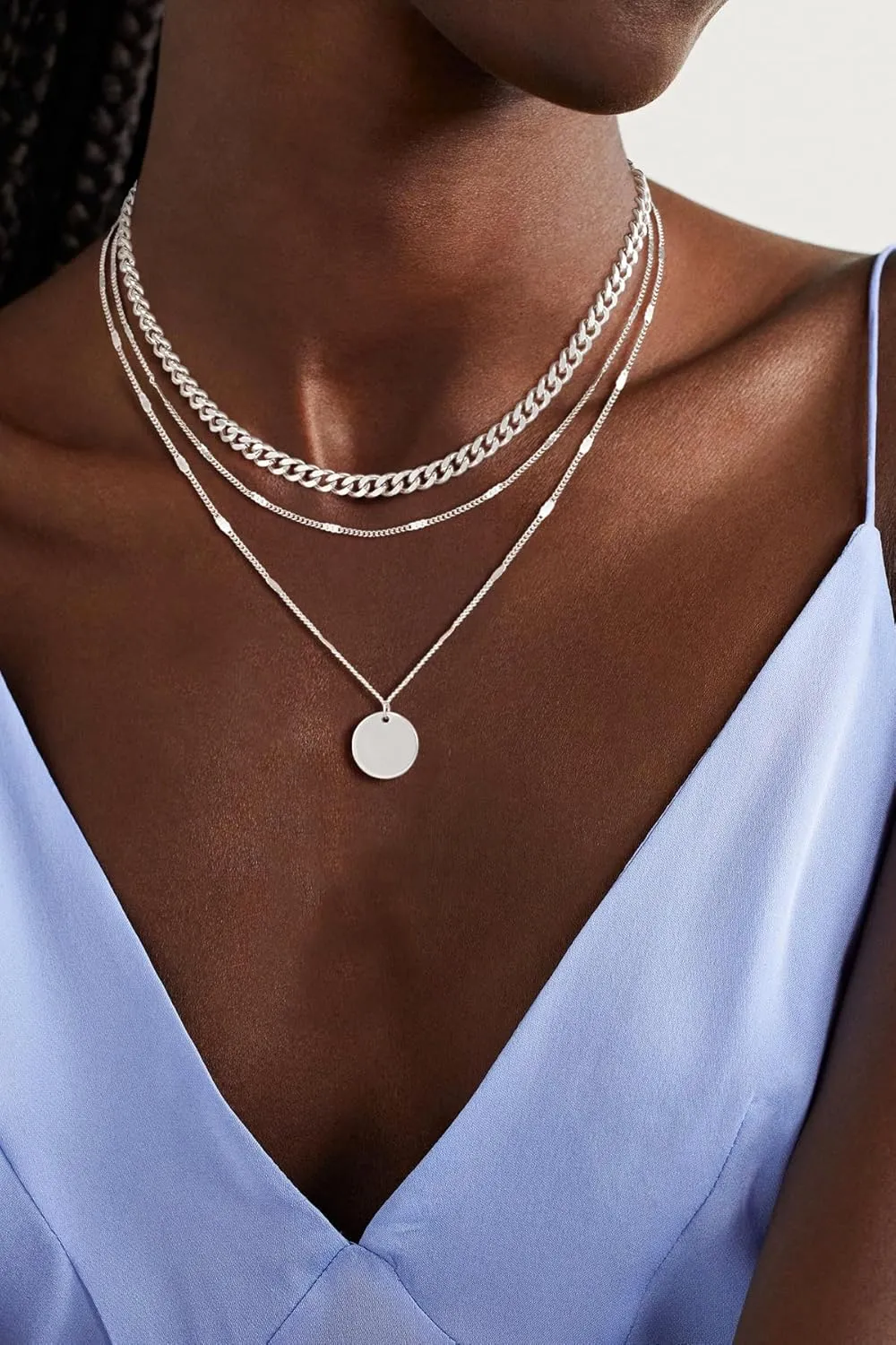 Layered Silver Necklaces for Women, Sterling Silver Stackable Stack Choker Necklaces Trendy Real Gold Plated Layering Disc Circle Pendant Chain Dainty Necklace Set Jewelry for Women