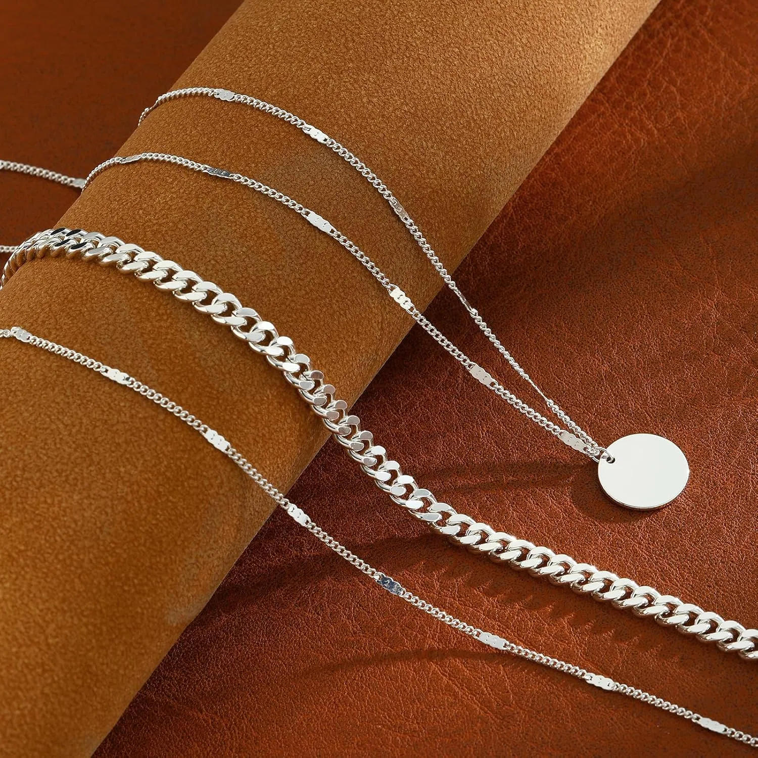 Layered Silver Necklaces for Women, Sterling Silver Stackable Stack Choker Necklaces Trendy Real Gold Plated Layering Disc Circle Pendant Chain Dainty Necklace Set Jewelry for Women