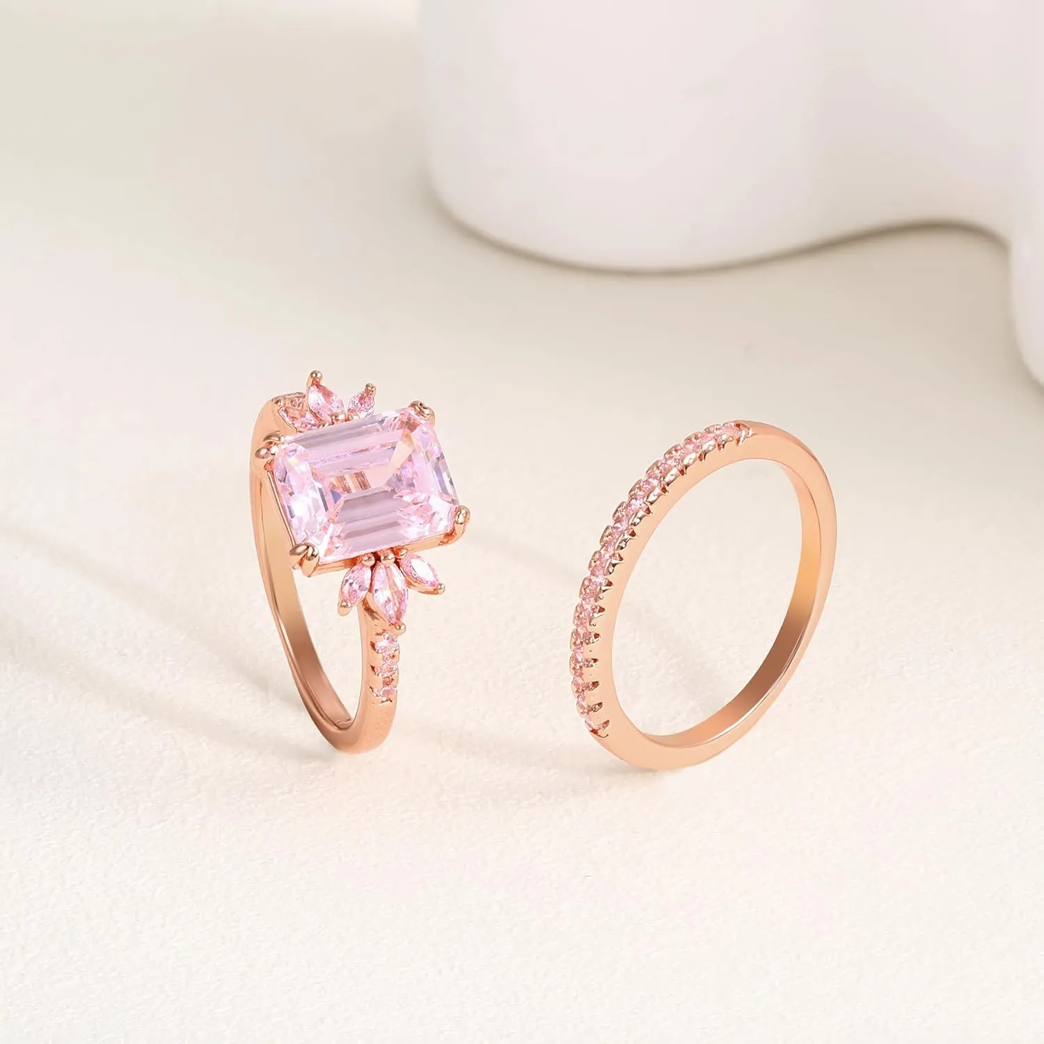 LAZLUVU Classic Cubic Zirconia Engagement Rings Square Pink Stone Bridal Set Promise Ring Jewelry Gift For Women Wedding Anniversary