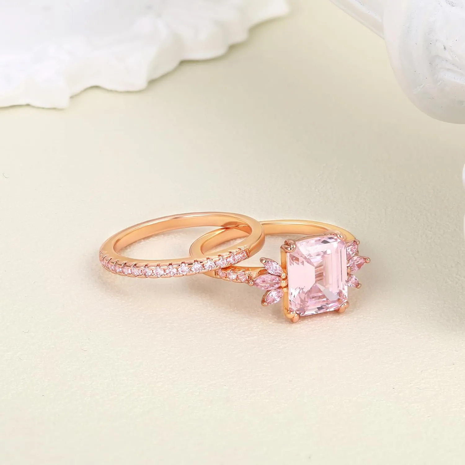 LAZLUVU Classic Cubic Zirconia Engagement Rings Square Pink Stone Bridal Set Promise Ring Jewelry Gift For Women Wedding Anniversary