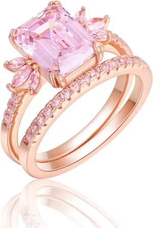 LAZLUVU Classic Cubic Zirconia Engagement Rings Square Pink Stone Bridal Set Promise Ring Jewelry Gift For Women Wedding Anniversary