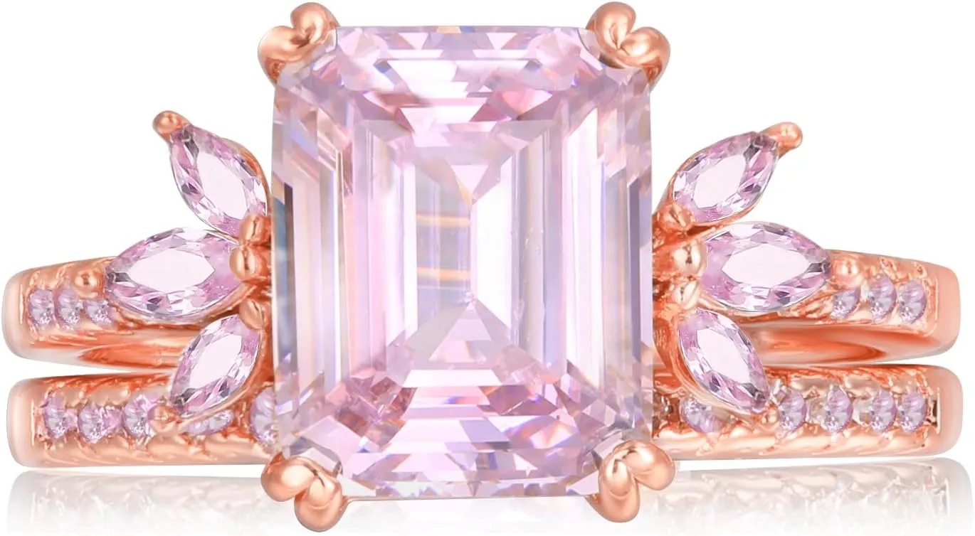 LAZLUVU Classic Cubic Zirconia Engagement Rings Square Pink Stone Bridal Set Promise Ring Jewelry Gift For Women Wedding Anniversary