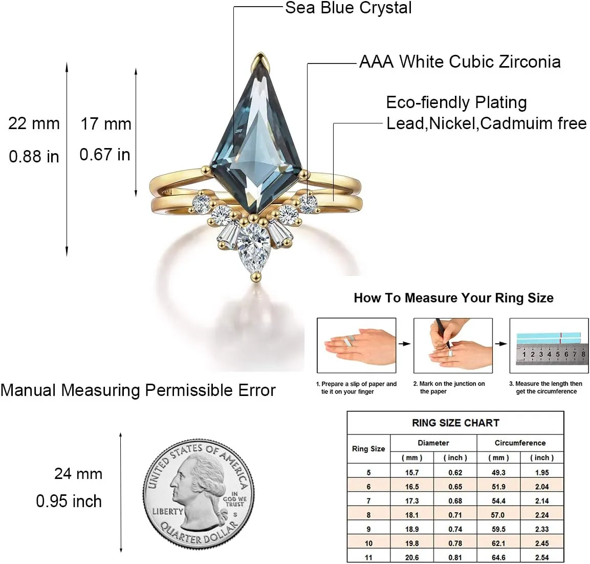 LAZLUVU Women Crystal Stackable Rings Set 3A Cubic Zirconia Eternity Engagement Blue Green Red Stone Ring