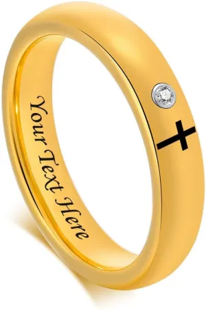 LCWQ 4mm Dome Rings High Polished Beveled Edge Faith Cross Ring Religious Christian Inlaid Cubic Zircon Tungsten Ring Wedding Band Personalized Engraved, Size 7-10