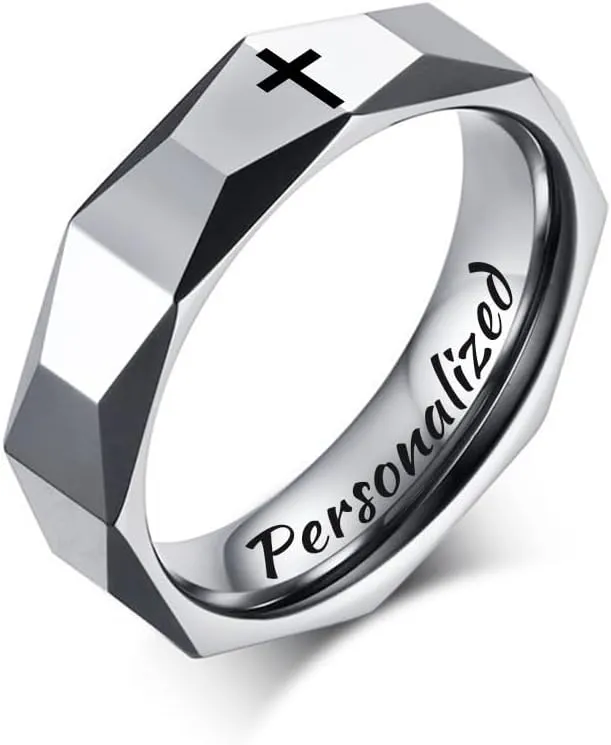 LCWQ 5.5mm Midi Rings High Polished Beveled Edge Faith Ring Religious Christian Diamond Turtle Face Tungsten Ring Wedding Band Personalized Engraved, Size 7-9