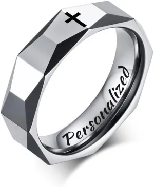 LCWQ 5.5mm Midi Rings High Polished Beveled Edge Faith Ring Religious Christian Diamond Turtle Face Tungsten Ring Wedding Band Personalized Engraved, Size 7-9