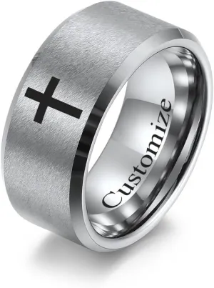 LCWQ Wide Index Finger Cross Ring Comfort Fit Christian Ring Faith Tungsten Ring Wedding Band Personalized Engraved Name Date Promise Rings for Men & Women, Size 7-13