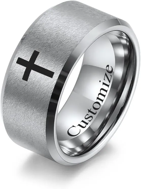 LCWQ Wide Index Finger Cross Ring Comfort Fit Christian Ring Faith Tungsten Ring Wedding Band Personalized Engraved Name Date Promise Rings for Men & Women, Size 7-13