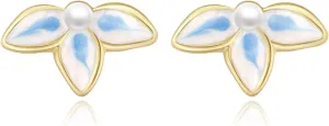 Leaf Flower Stud Earrings Blue White Enamel Imitation Pearl Design for Women