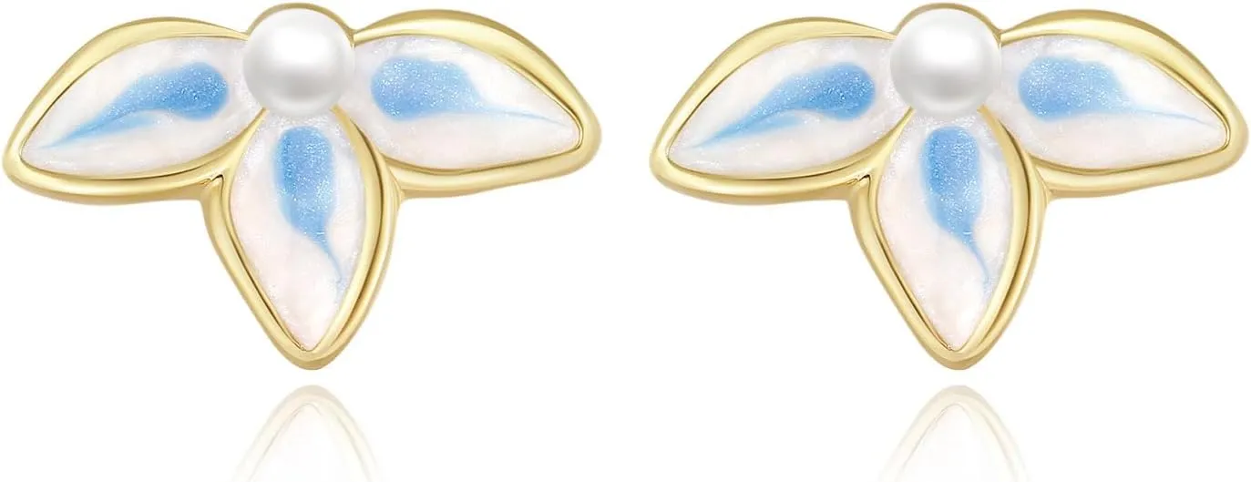 Leaf Flower Stud Earrings Blue White Enamel Imitation Pearl Design for Women