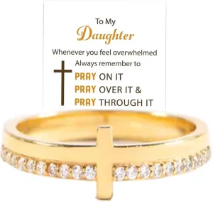 Let Go And Let God Ring , To My Daughter, Pray On It Golden Cross Ring Whenever You Feel Overwhelmed, Always Remember To Stackable Cubic Zirconia Cross Ring Pray Christian Baptism Religious Ring for Women