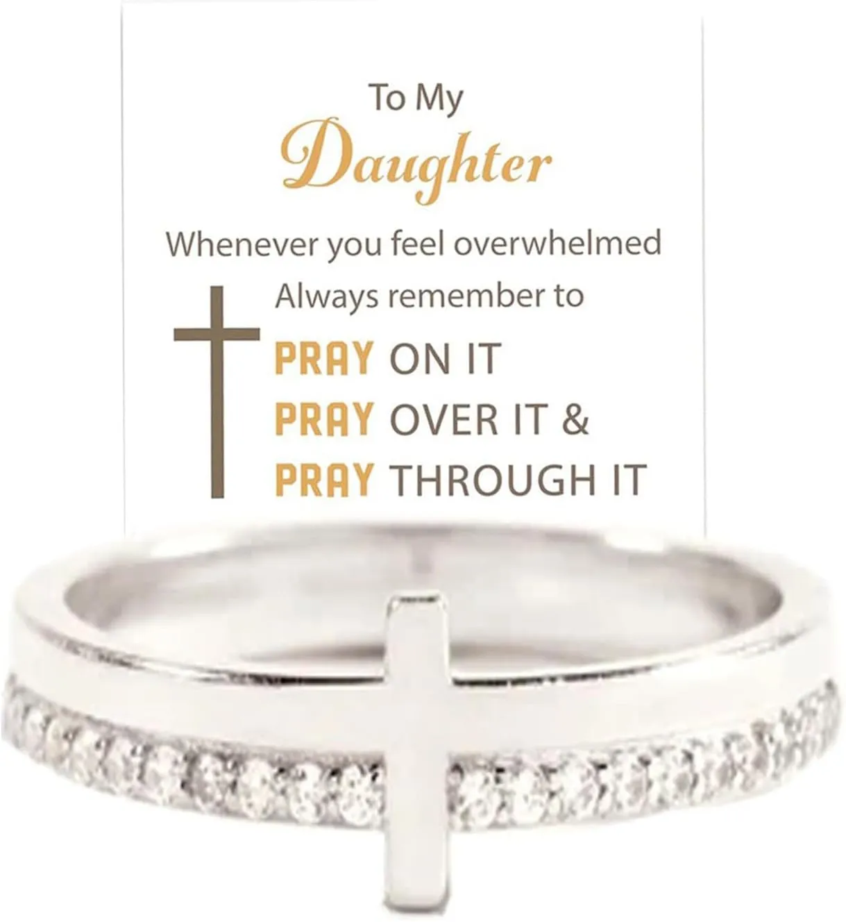 Let Go And Let God Ring , To My Daughter, Pray On It Golden Cross Ring Whenever You Feel Overwhelmed, Always Remember To Stackable Cubic Zirconia Cross Ring Pray Christian Baptism Religious Ring for Women