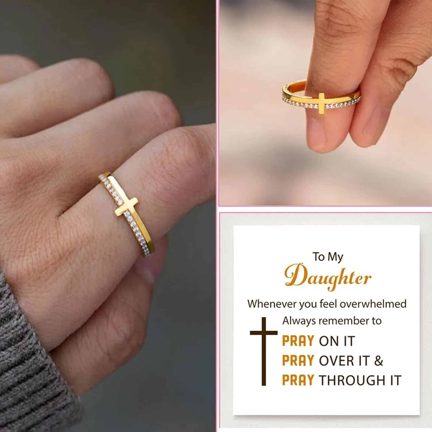 Let Go And Let God Ring , To My Daughter, Pray On It Golden Cross Ring Whenever You Feel Overwhelmed, Always Remember To Stackable Cubic Zirconia Cross Ring Pray Christian Baptism Religious Ring for Women