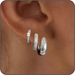 LEXODY Silver Hoop Earrings Set for Women, Lightweight Small Sterling Silver/Gold Hoop Huggie Earrings Multiple Piercing Hypoallergenic Chunky Open Hoops Cartilage Earrings for Women Trendy Jewelry