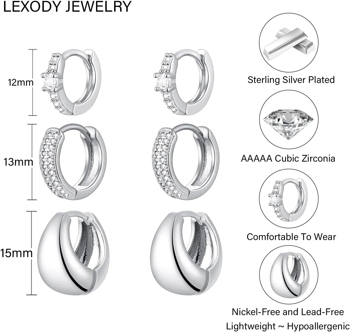 LEXODY Silver Hoop Earrings Set for Women, Lightweight Small Sterling Silver/Gold Hoop Huggie Earrings Multiple Piercing Hypoallergenic Chunky Open Hoops Cartilage Earrings for Women Trendy Jewelry