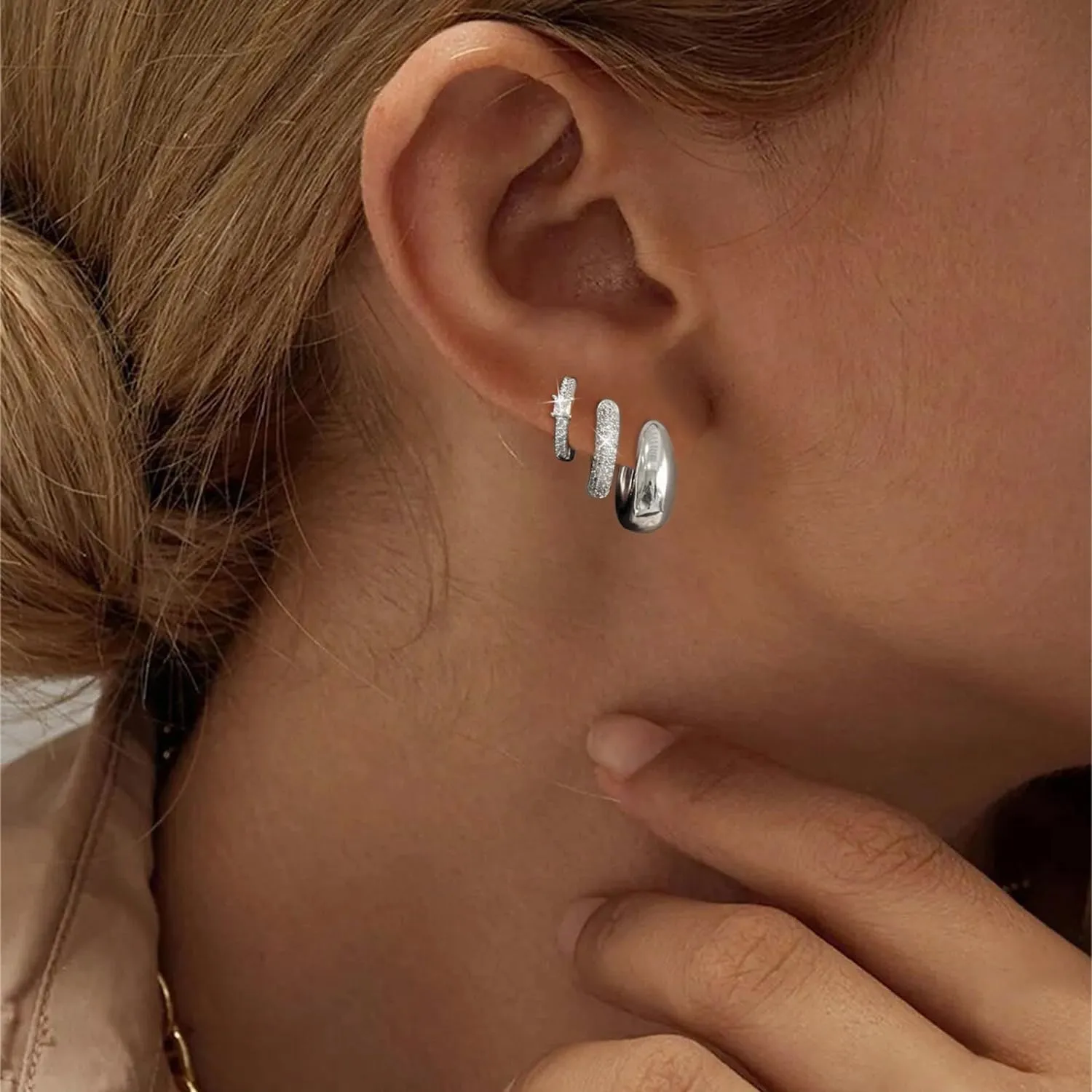 LEXODY Silver Hoop Earrings Set for Women, Lightweight Small Sterling Silver/Gold Hoop Huggie Earrings Multiple Piercing Hypoallergenic Chunky Open Hoops Cartilage Earrings for Women Trendy Jewelry