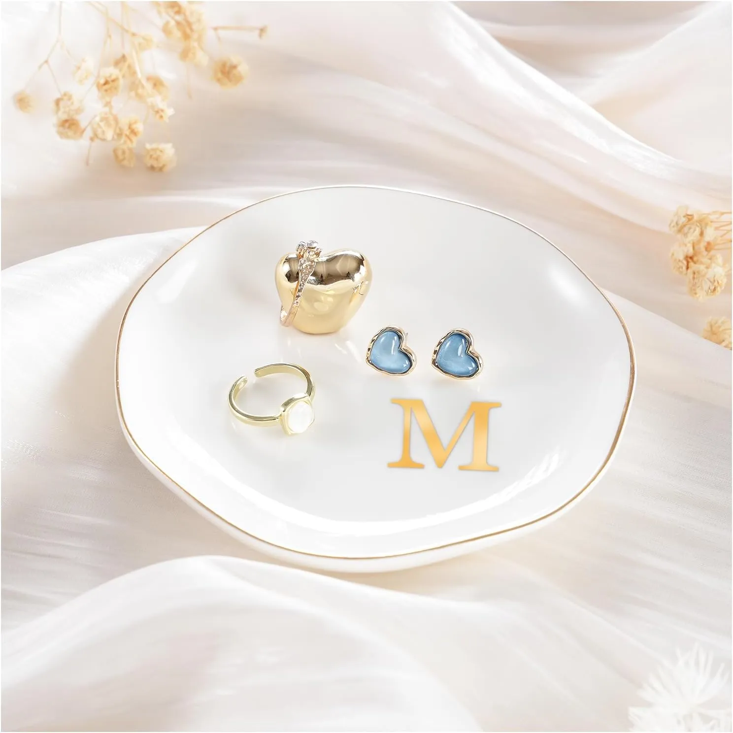 Lolalet Ceramic Jewelry Tray, Initial Engagement Ring Dish Trinket Plate 4.52" Personalized Monogrammed Bowl, Birthday Mother's Day Gifts for Women -M