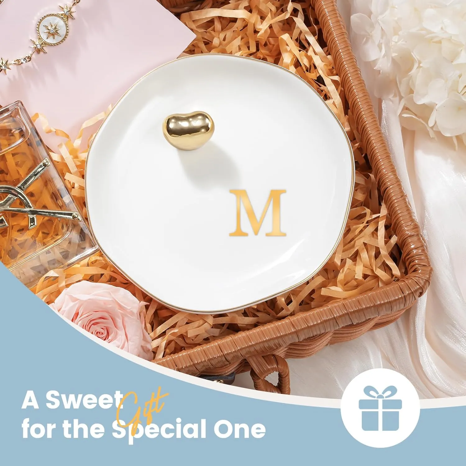 Lolalet Ceramic Jewelry Tray, Initial Engagement Ring Dish Trinket Plate 4.52" Personalized Monogrammed Bowl, Birthday Mother's Day Gifts for Women -M