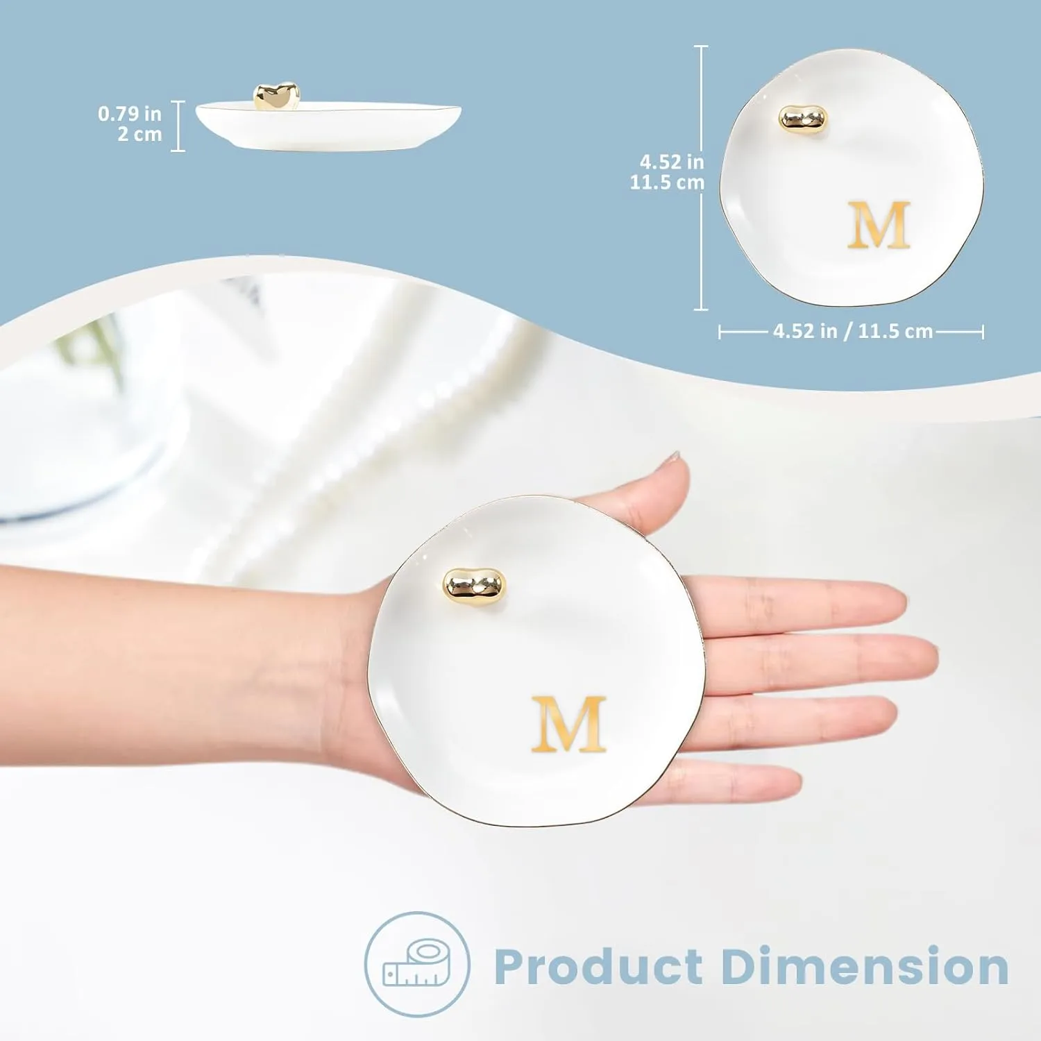 Lolalet Ceramic Jewelry Tray, Initial Engagement Ring Dish Trinket Plate 4.52" Personalized Monogrammed Bowl, Birthday Mother's Day Gifts for Women -M
