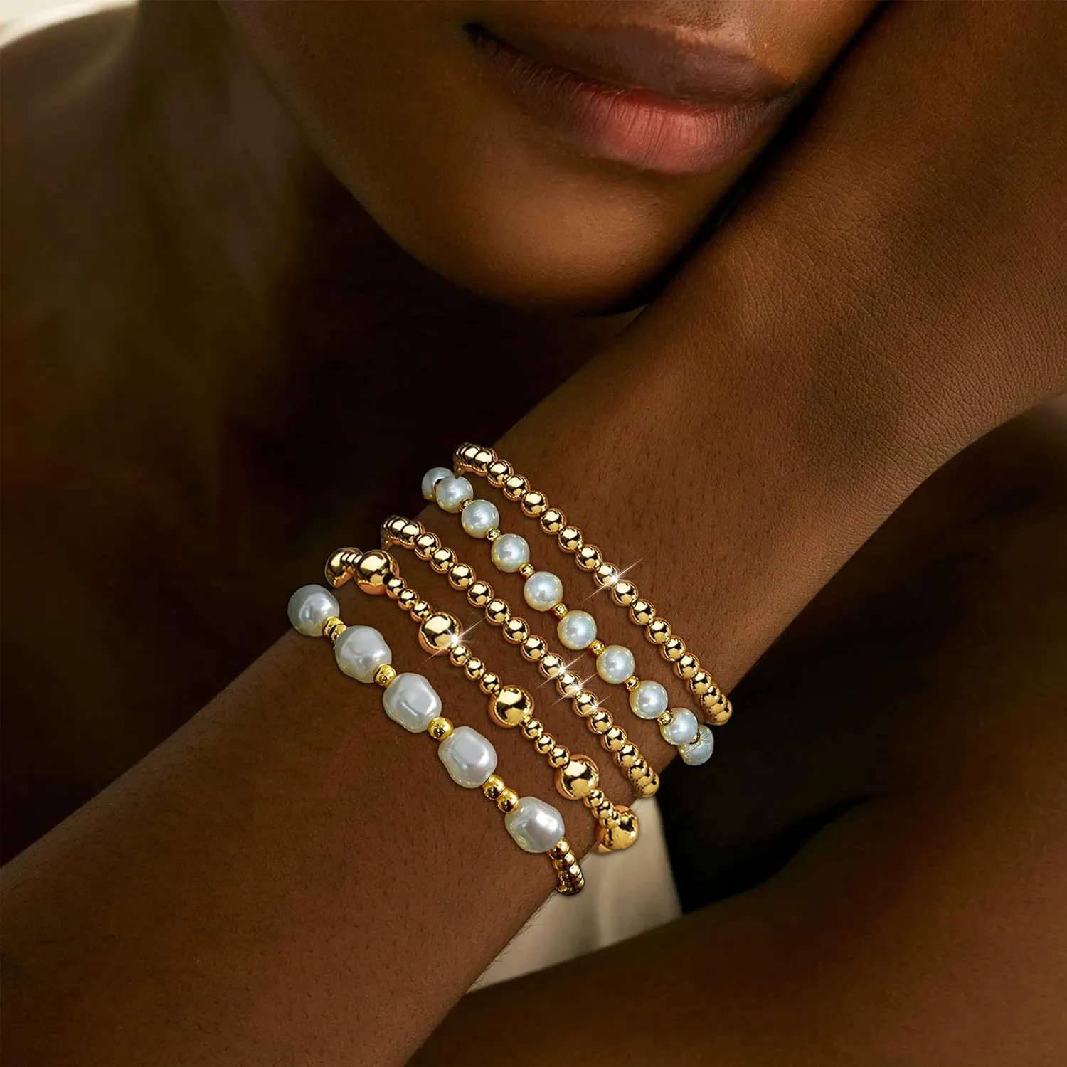 Long tiantian 5PCS Gold Beaded Bracelets for Women Non Tarnish Dainty Pearl Beaded Bracelet for Women Trendy Clay Bead Bracelets Stack Stretch Bracelets for Women Gifts 2025
