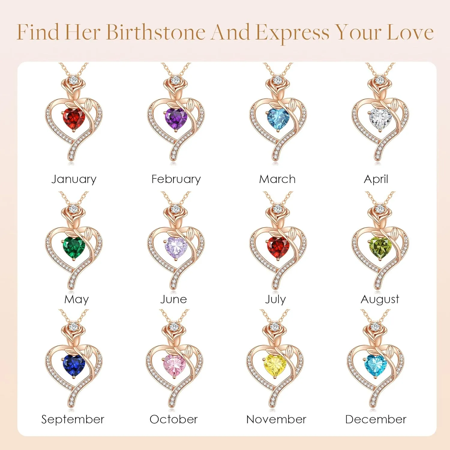 LOUISA SECRET Rose Flower Heart Birthstone Necklaces for Women, 925 Sterling Silver Fine Jewelry, Pendant Heart Necklaces Birthday Anniversary Christmas Gift for Women Wife Mom Girlfriend Lady