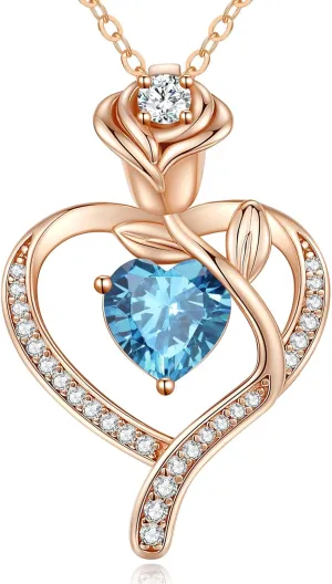 LOUISA SECRET Rose Flower Heart Birthstone Necklaces for Women, 925 Sterling Silver Fine Jewelry, Pendant Heart Necklaces Birthday Anniversary Christmas Gift for Women Wife Mom Girlfriend Lady
