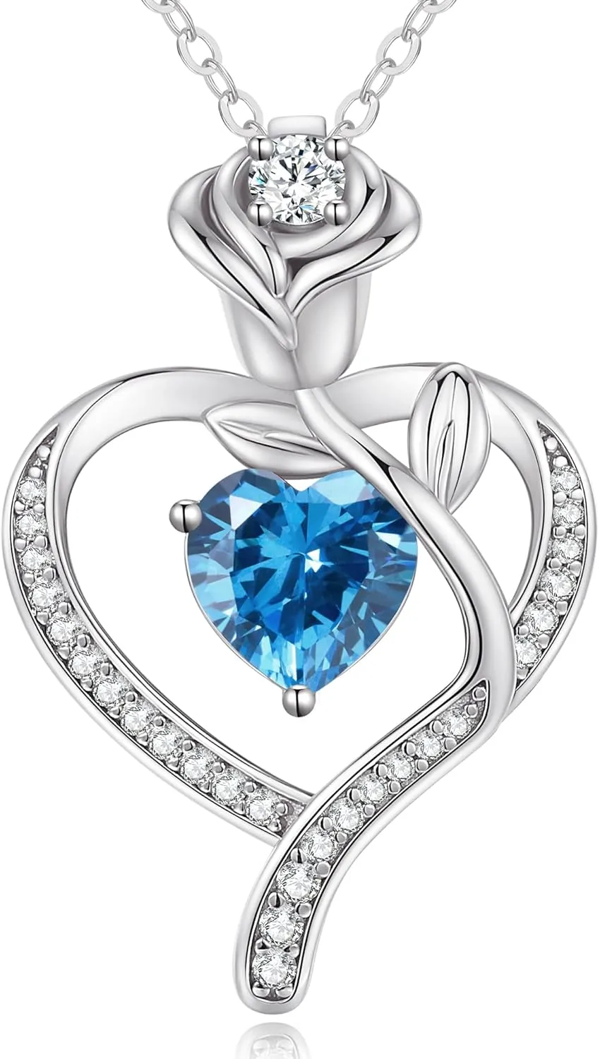 LOUISA SECRET Rose Flower Heart Birthstone Necklaces for Women, 925 Sterling Silver Fine Jewelry, Pendant Heart Necklaces Birthday Anniversary Christmas Gift for Women Wife Mom Girlfriend Lady