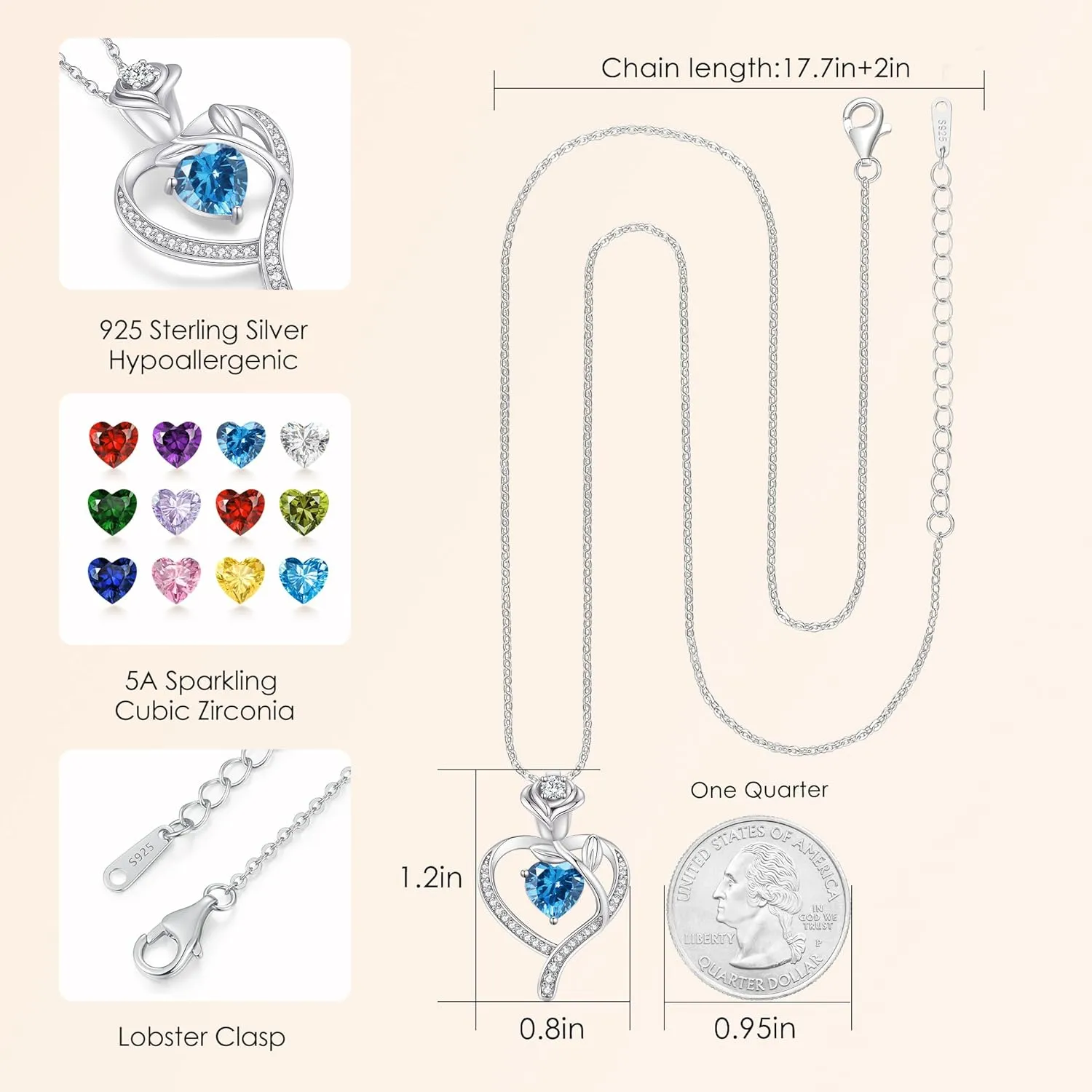 LOUISA SECRET Rose Flower Heart Birthstone Necklaces for Women, 925 Sterling Silver Fine Jewelry, Pendant Heart Necklaces Birthday Anniversary Christmas Gift for Women Wife Mom Girlfriend Lady