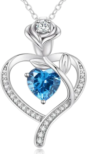 LOUISA SECRET Rose Flower Heart Birthstone Necklaces for Women, 925 Sterling Silver Fine Jewelry, Pendant Heart Necklaces Birthday Anniversary Christmas Gift for Women Wife Mom Girlfriend Lady