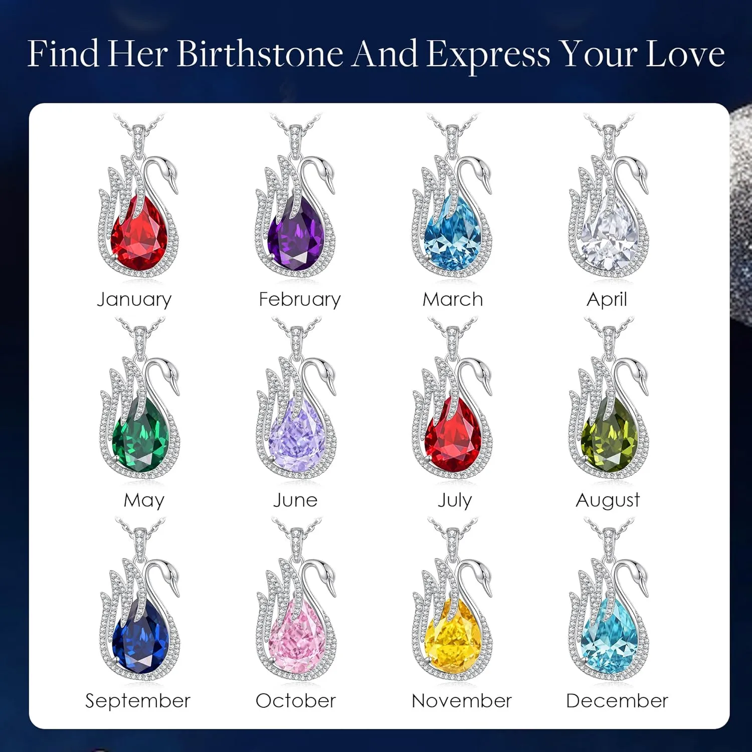 LOUISA SECRET Swan Waterdrop Heart Birthstone Necklaces for Women, 925 Sterling Silver Fine Jewelry, Pendant Heart Necklaces Birthday Anniversary Christmas Gift for Women Wife Mom Girlfriend Lady