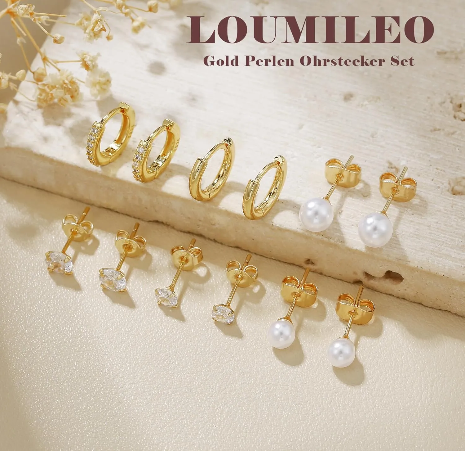 LOUMILEO 6 Pairs Pearl Stud Earrings Set Hypoallergenic Small Sterling Silver Stud Earrings for Women Man 3-10MM Tiny Cartilage Piercing Studs for Multiple Piercing