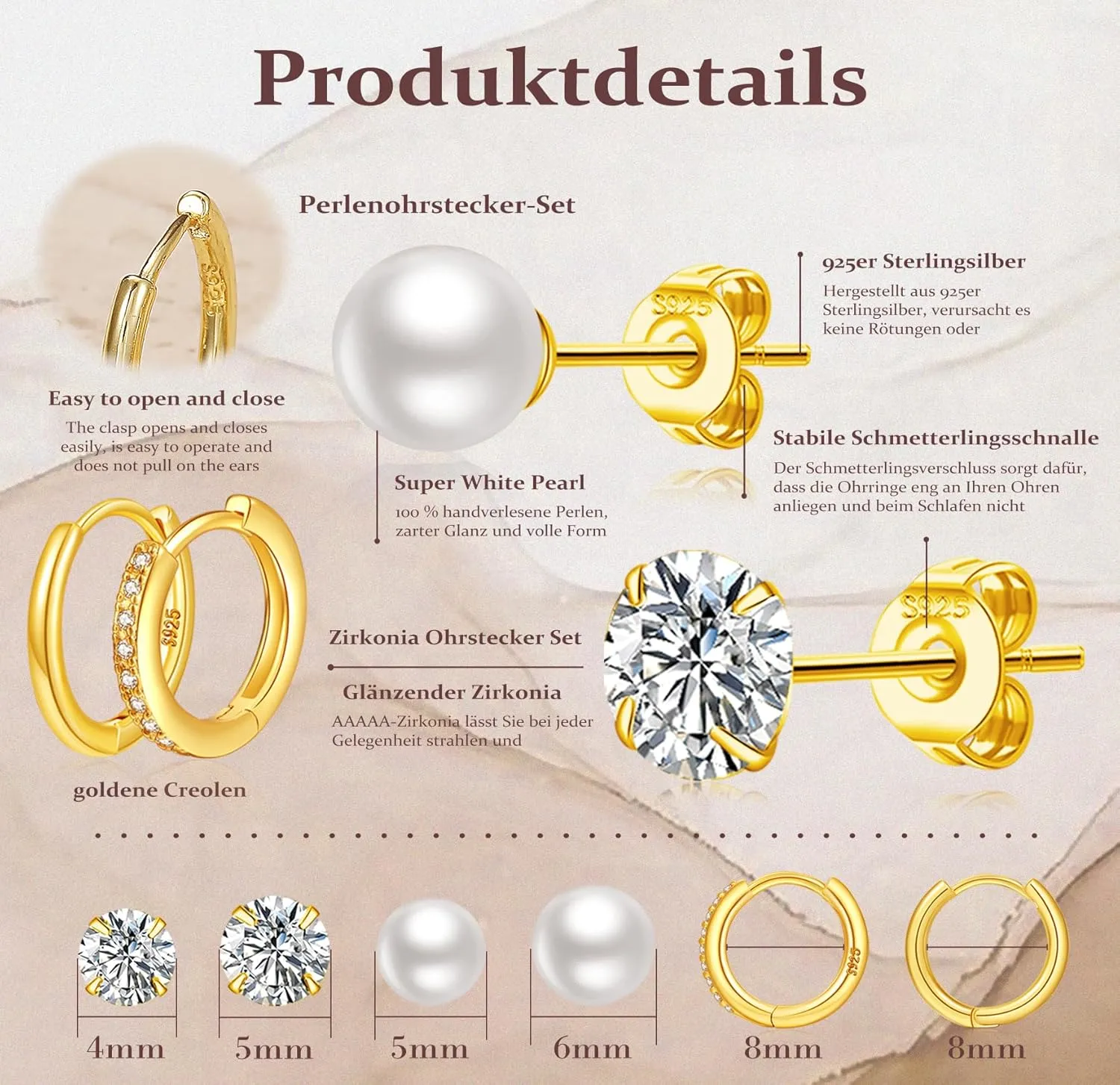 LOUMILEO 6 Pairs Pearl Stud Earrings Set Hypoallergenic Small Sterling Silver Stud Earrings for Women Man 3-10MM Tiny Cartilage Piercing Studs for Multiple Piercing
