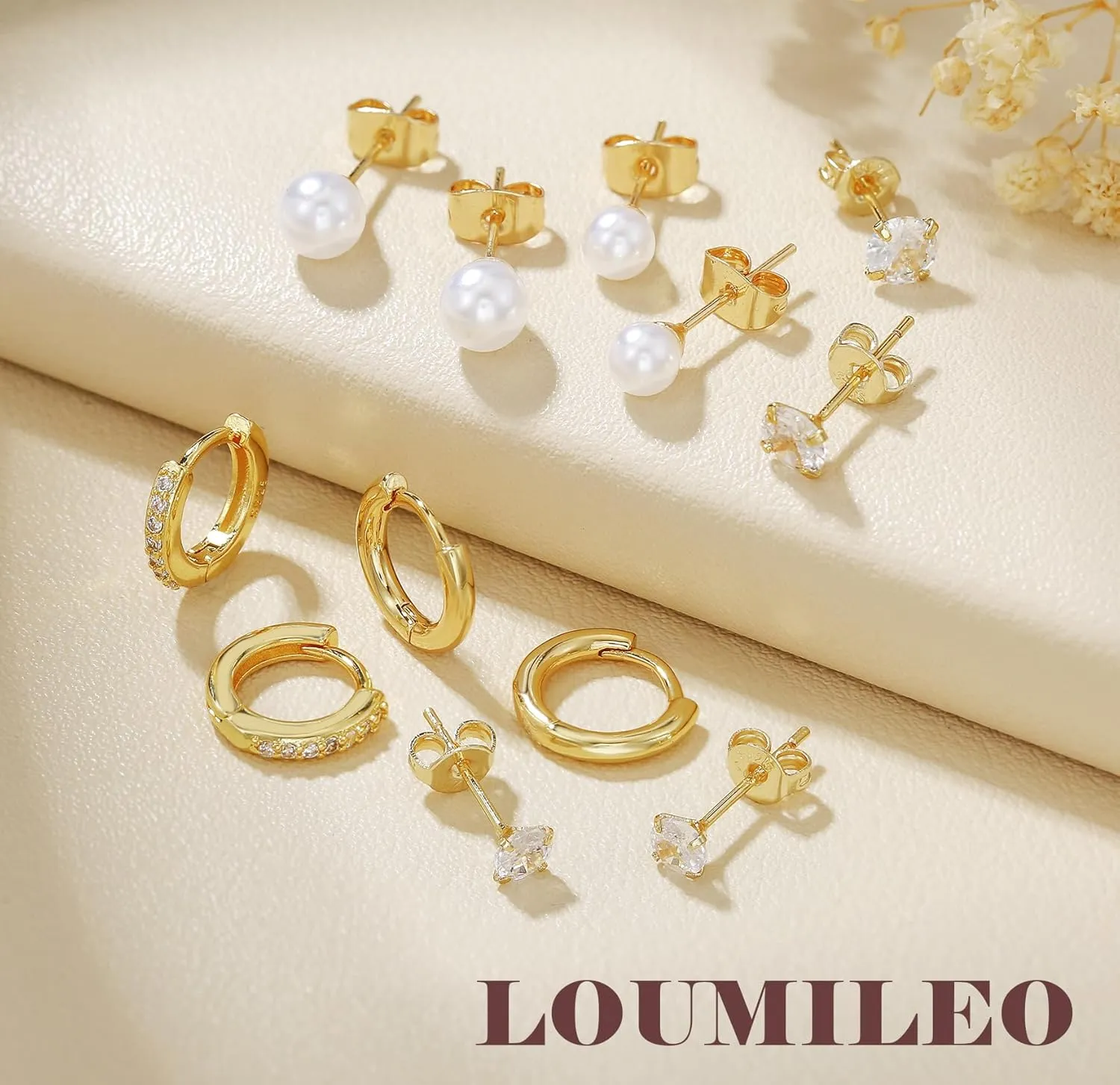 LOUMILEO 6 Pairs Pearl Stud Earrings Set Hypoallergenic Small Sterling Silver Stud Earrings for Women Man 3-10MM Tiny Cartilage Piercing Studs for Multiple Piercing